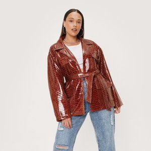 Nasty Gal Faux Croc Leather Brown Belted Jacket